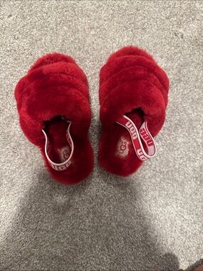 UGG Red Fuzzy Slide Sandals with Branded Heel Strap